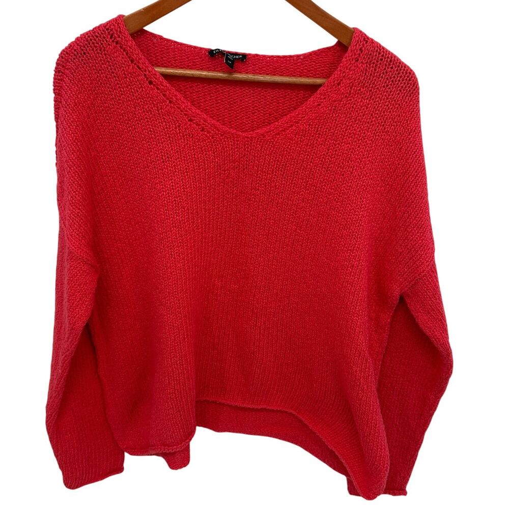 EILEEN FISHER V Neck Peruvian Cotton Crimp V-Neck Dark Coral Sweater // S - Picture 3 of 10